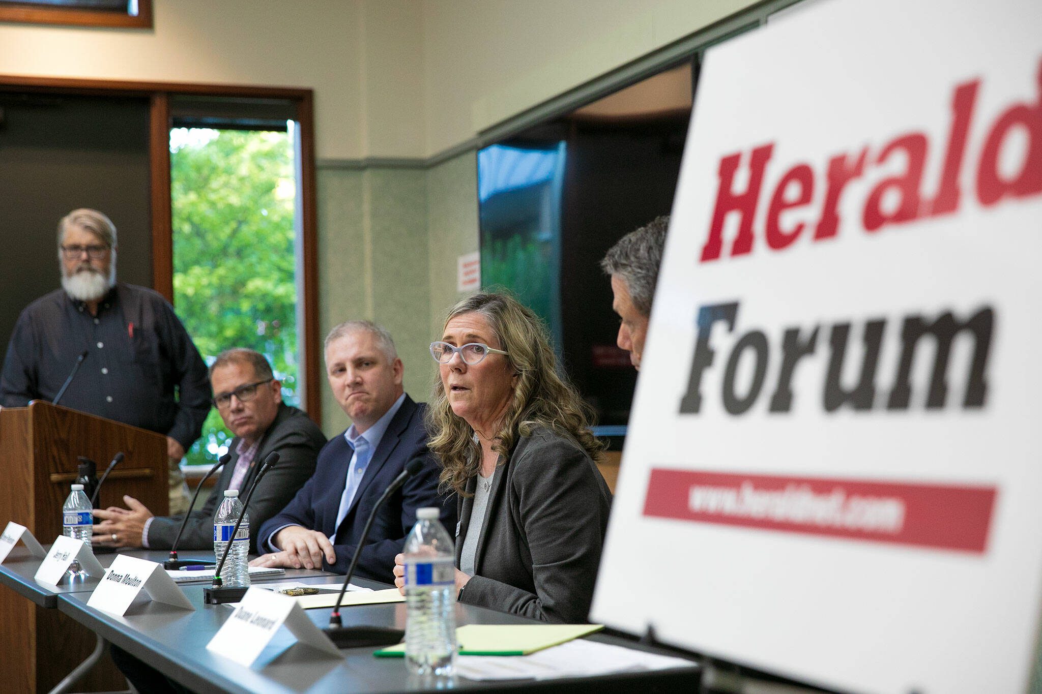 Donna Moulton, CEO of Housing Hope, speaks during the Everett Herald’s public forum on affordable housing at the Lynnwood Library on Thursday, Sept. 14, 2023, in Lynnwood, Washington. (Ryan Berry / The Herald)