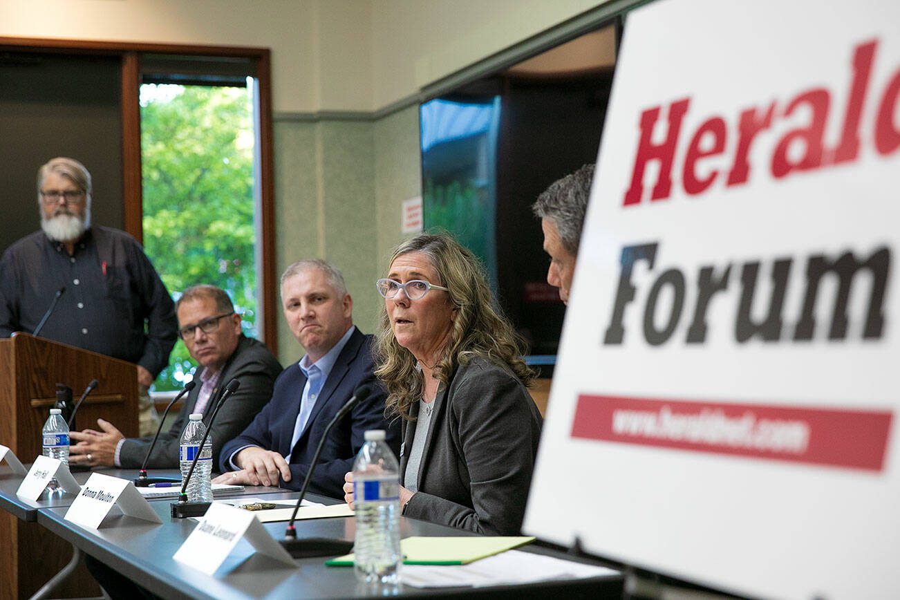 Donna Moulton, CEO of Housing Hope, speaks during the Everett Herald’s public forum on affordable housing at the Lynnwood Library on Thursday, Sept. 14, 2023, in Lynnwood, Washington. (Ryan Berry / The Herald)