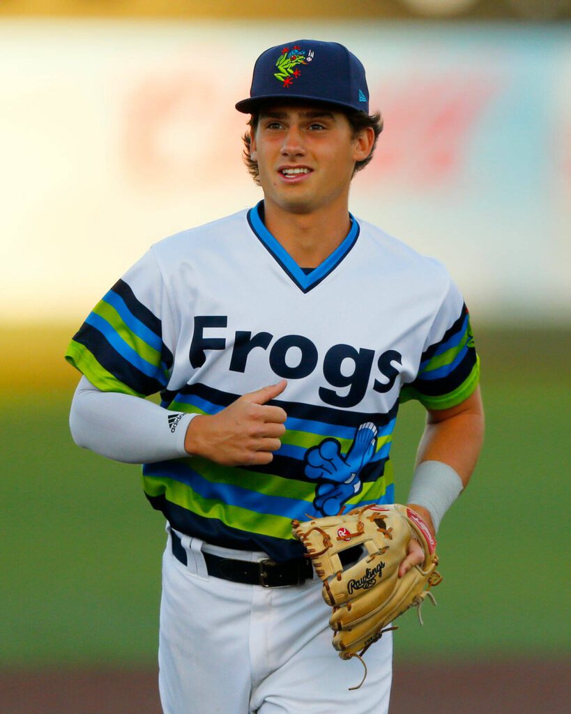 AquaSox shortstop Cole Young, one of Seattle’s top prospects, heads off the field after the top of the third inning during a game against Hillsboro on Thursday, August 17, 2023, at Funko Field in Everett, Washington. (Ryan Berry / The Herald)
