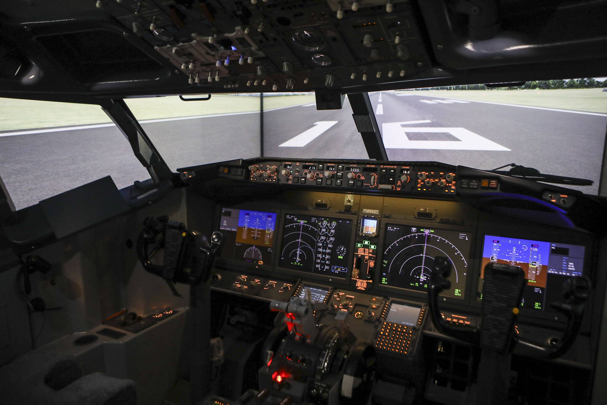 Inside the new Boeing 737 simulator at Simulation Flight in Mukilteo, Washington on Wednesday, Sept. 20, 2023. (Annie Barker / The Herald)