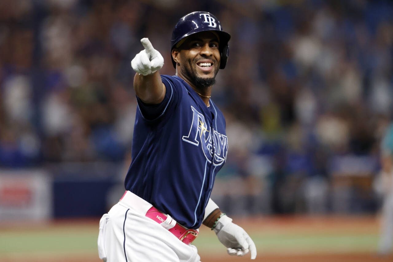 Tampa Bay Rays’ Yandy Diaz reacts after hitting a walk off two-run home run against the Seattle Mariners during a baseball game Saturday, Sept. 9, 2023, in St. Petersburg, Fla. (AP Photo/Scott Audette)