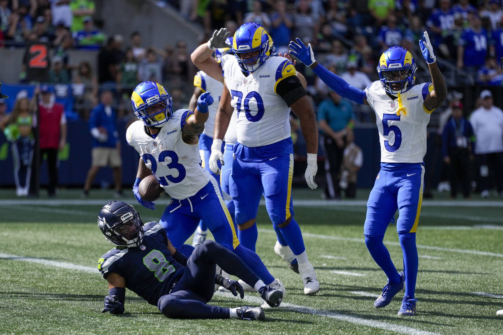 Los Angeles Rams running back Kyren Williams celebrates after scoring against the Seattle Seahawks during the second half of Sunday’s game Sunday in Seattle. (AP Photo/Stephen Brashear)