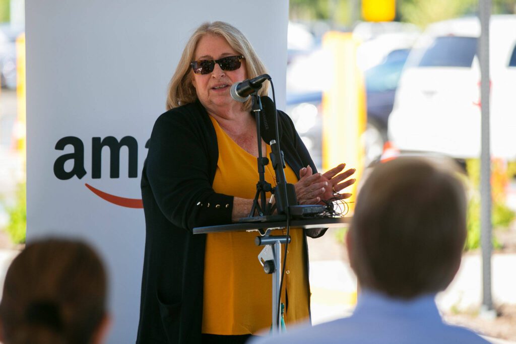 Arlington Mayor Barbara Tolbert speaks during an opening ceremony at the new PAE2 Amazon Fulfillment Center on Thursday, Sept. 14, 2023, in Arlington, Washington. (Ryan Berry / The Herald)
