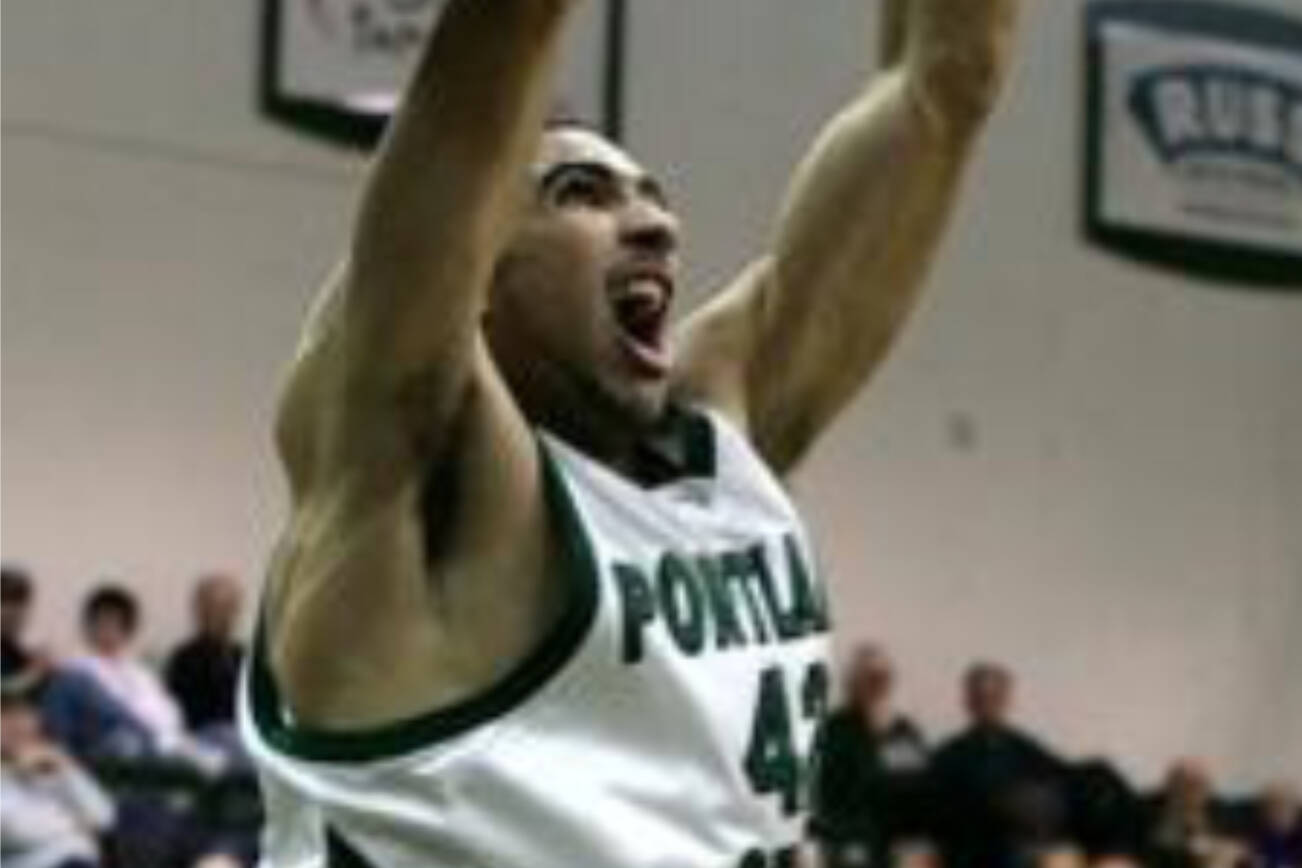 Seamus Boxley, a Mountlake Terrace graduate, dunks during a game against Cal Poly. Boxley is a member of the Snohomish County Sports Hall of Fame Class of 2023. (Photo courtesy Snohomish County Sports Hall of Fame)