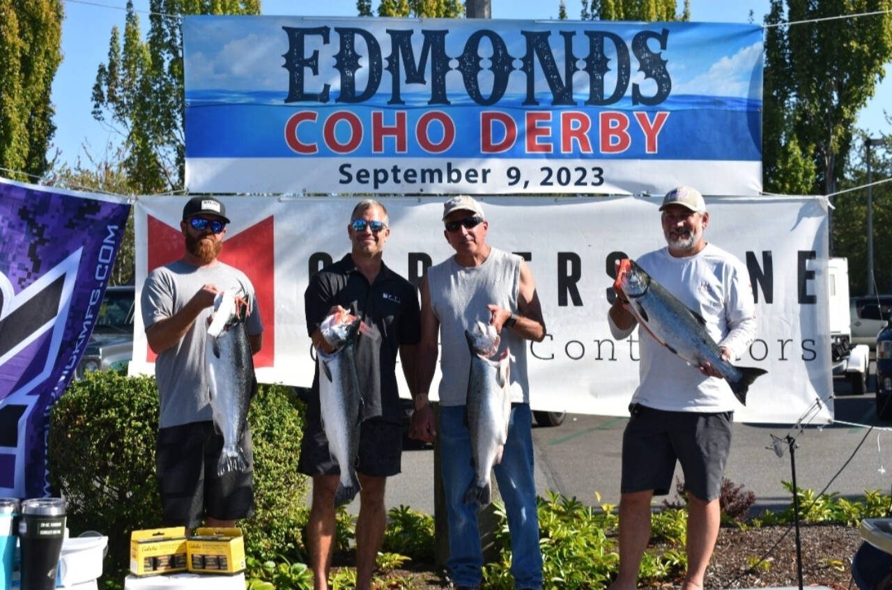 Edmonds Coho Derby top four finishers (from left to right) Mike Vandermeulen, Kevin Gibson, Gary Salvati and Renier Britz pose with their top catches on Sept. 9, 2023, in Edmonds. (Photo by Ron Garner)