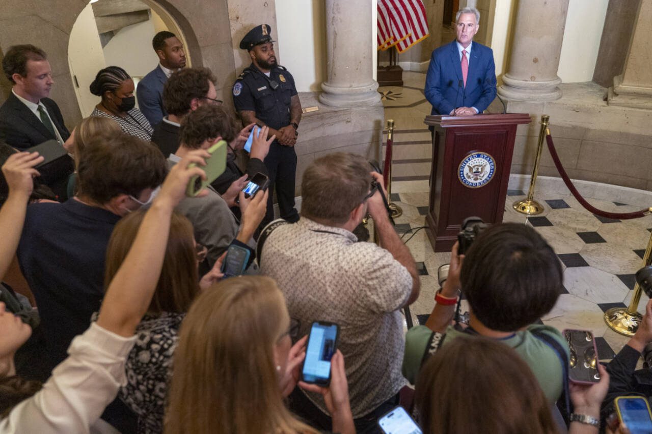 Speaker of the House Kevin McCarthy, R-Calif., speaks at the U.S. Capitol in Washington, D.C., Tuesday. McCarthy says he’s directing a House committee to open a formal impeachment inquiry into President Joe Biden. (Jacquelyn Martin / Associated Press)