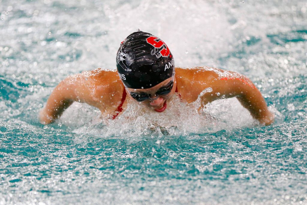 Snohomish junior Grace Andrews takes the victory in the 100 yard butterfly during an early season meet between Snohomish and Lake Stevens on Tuesday, Sept. 12, 2023, at the Snohomish Aquatic Center in Snohomish, Washington. (Ryan Berry / The Herald)
