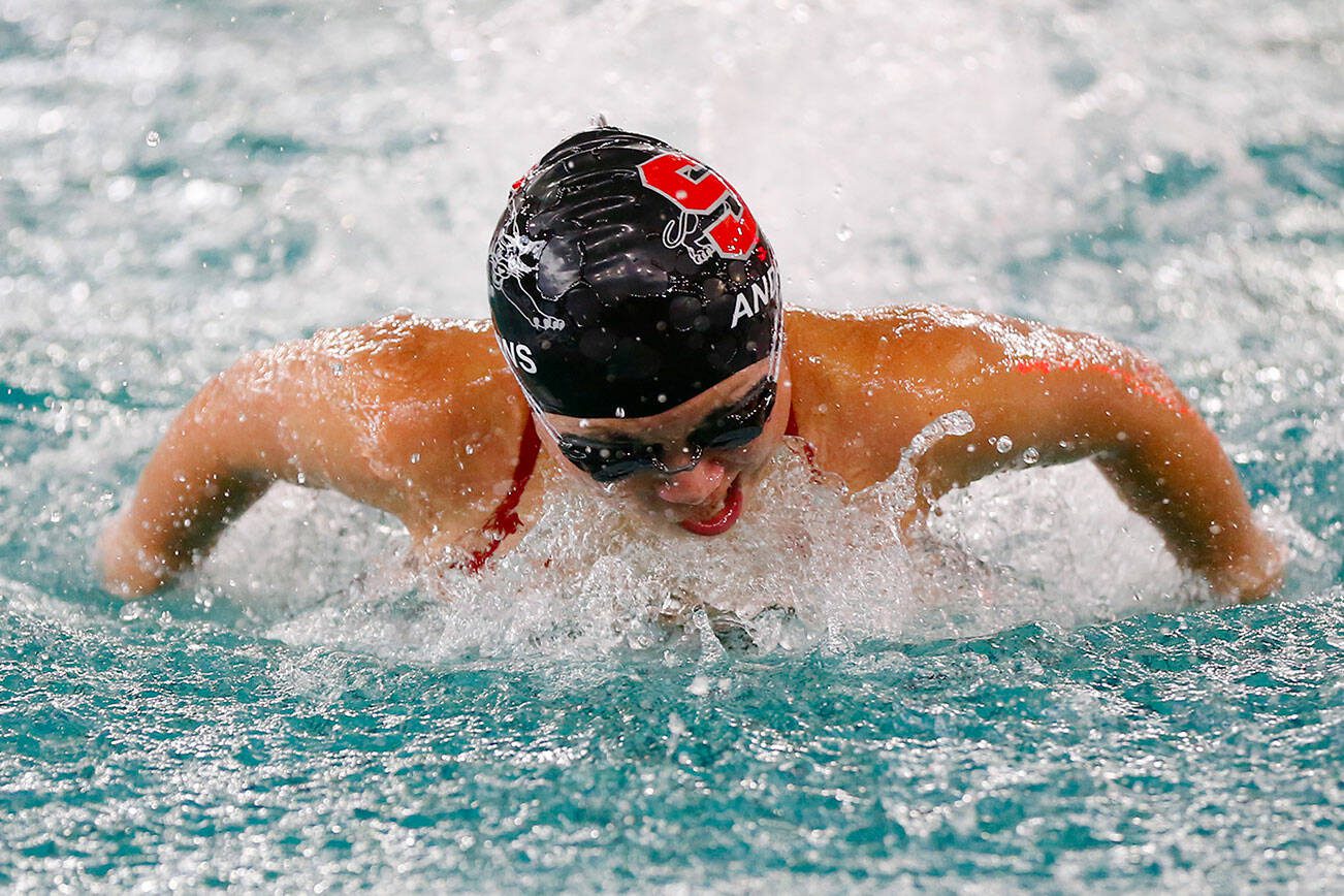 Snohomish junior Grace Andrews takes a victory in the 100 yard butterfly during an early season meet between Snohomish and Lake Stevens on Tuesday, Sept. 12, 2023, at the Snohomish Aquatic Center in Snohomish, Washington. (Ryan Berry / The Herald)