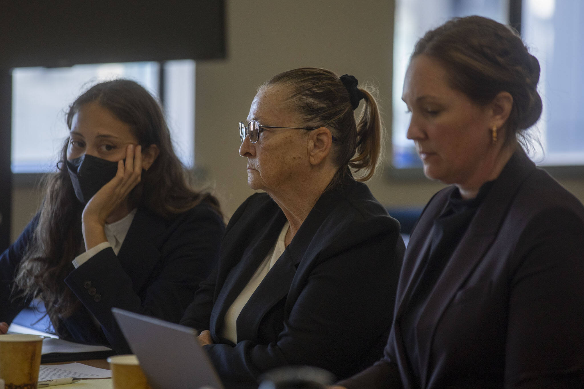 Diane Kay Thompson, center, listens during their sentencing at Snohomish County Superior Court in Everett, Washington on Friday, Sept. 15, 2023. (Annie Barker / The Herald)