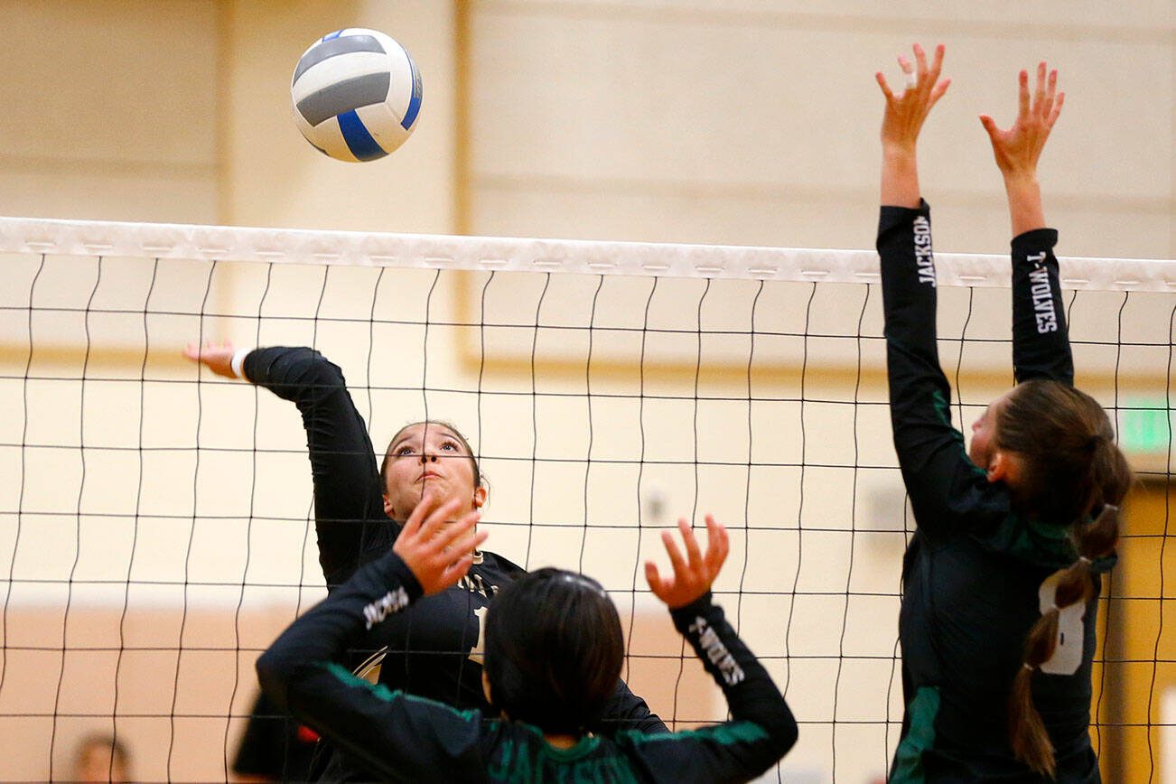 Lynnwood junior Harmony Johnson goes for the kill against Jackson during a volleyball match Thursday, Sept. 14, 2023, at Lynnwood High School in Bothell, Washington. (Ryan Berry / The Herald)