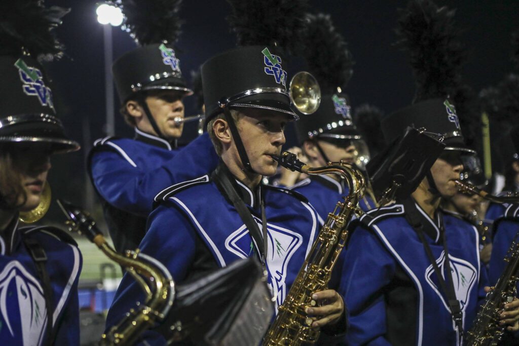 Members of the Shorewood marching band perform during a football game between Mountlake Terrace and Shorewood at Shoreline Stadium in Shoreline, Washington on Friday, Sept. 15, 2023. Mountlake Terrace won, 35-0. (Annie Barker / The Herald)
