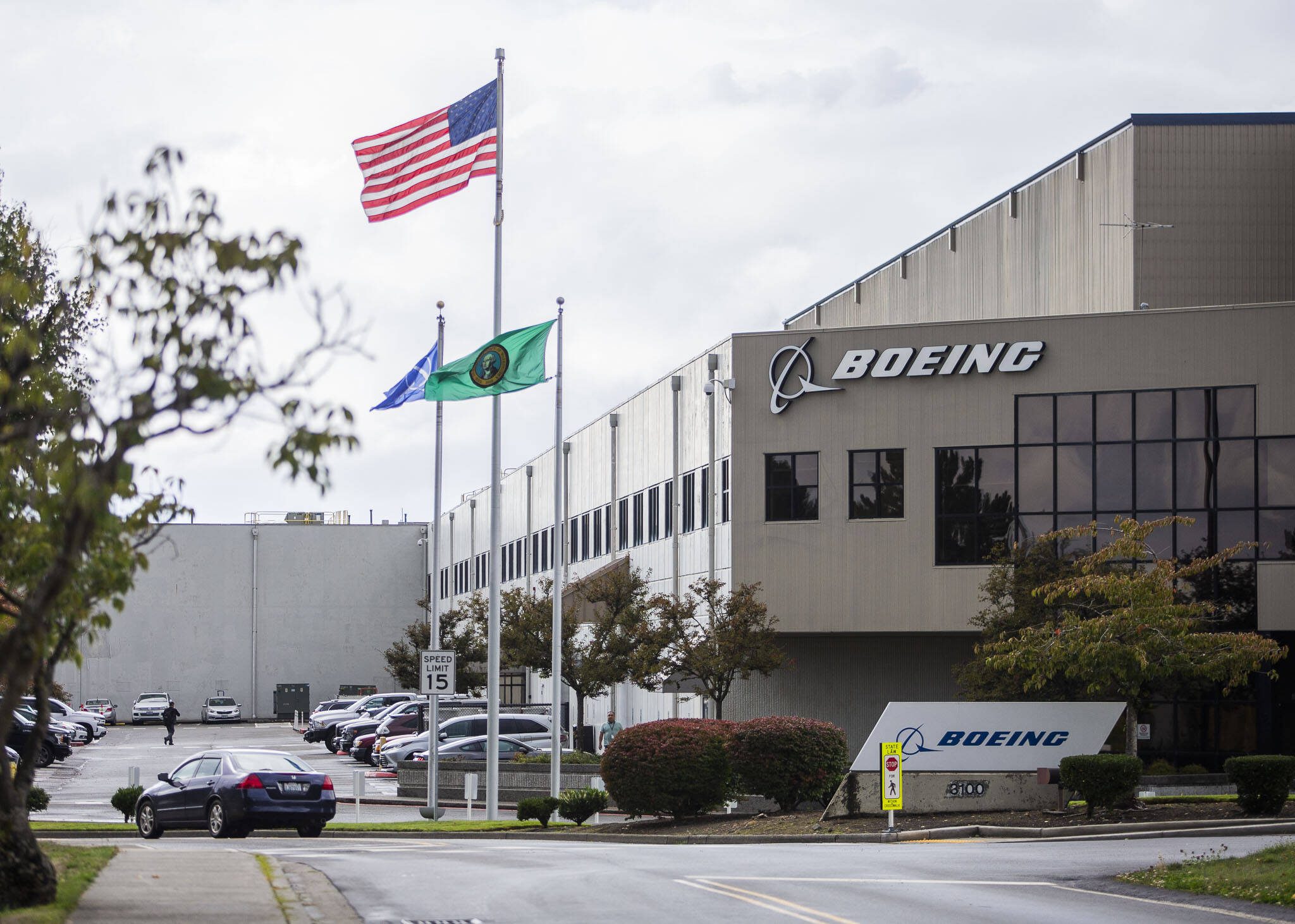 Outside of the Boeing modification center on Thursday, Sept. 28, 2023 in Everett, Washington. (Olivia Vanni / The Herald)