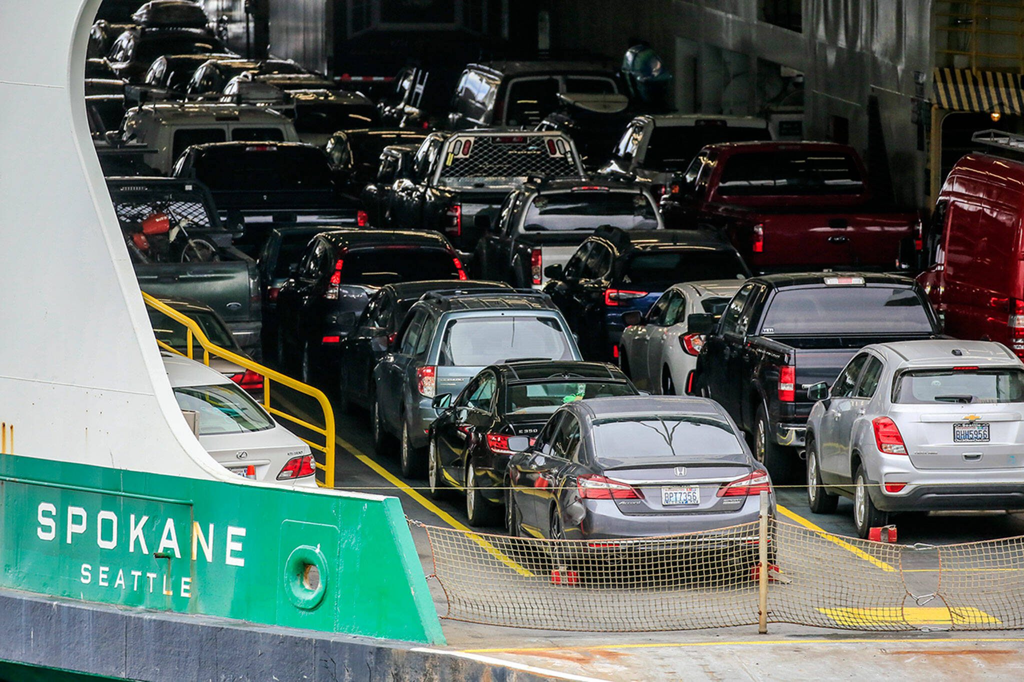 The Spokane leaves dock at the Edmonds Ferry Terminal on July 20, 2021. (Kevin Clark / The Herald)