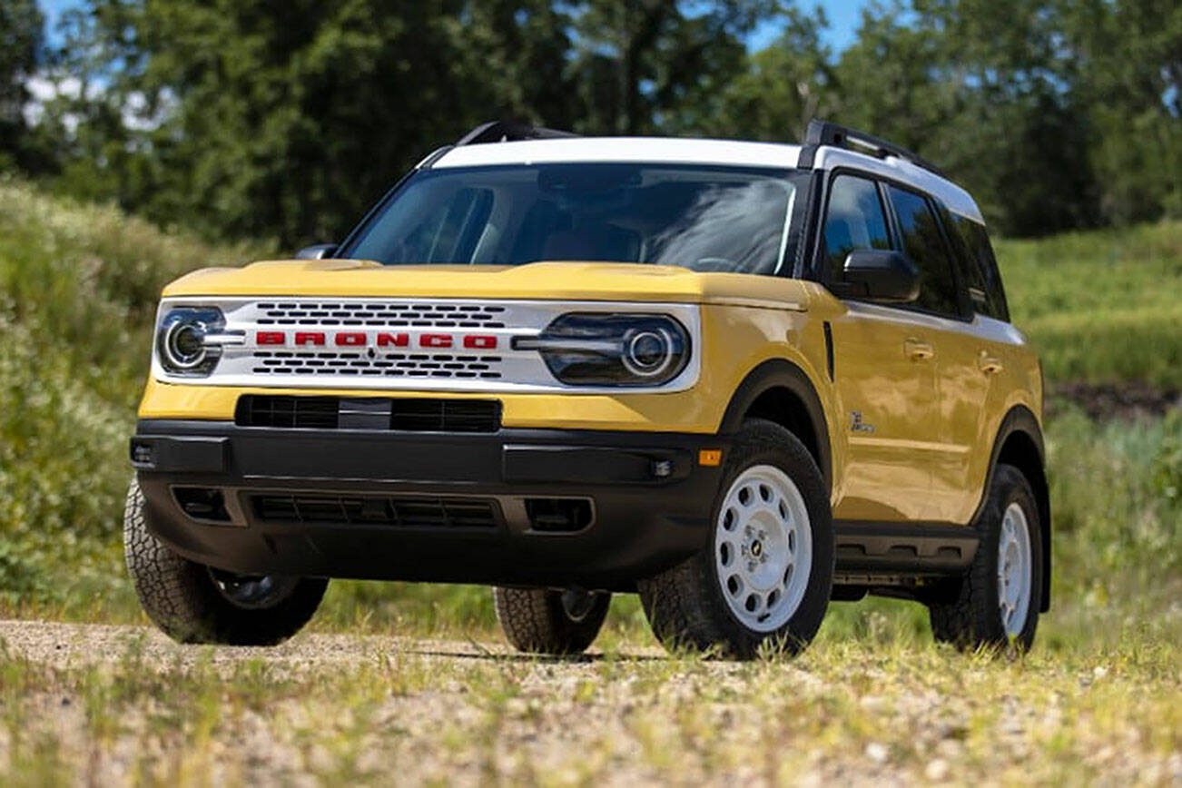 An Oxford White grille with red “BRONCO” lettering signifies the 2023 Ford Bronco Sport Heritage Limited Edition model. (Ford)