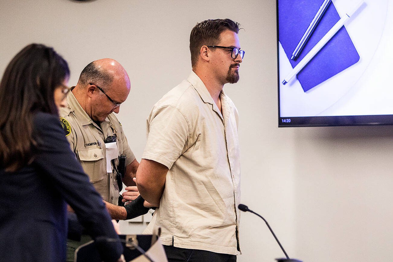 Kendal Kippen is handcuffed after being sentenced to 14 months in prison for the rape of a child during his sentencing at the Snohomish County Courthouse on Tuesday, Sept. 19, 2023 in Everett, Washington. (Olivia Vanni / The Herald)