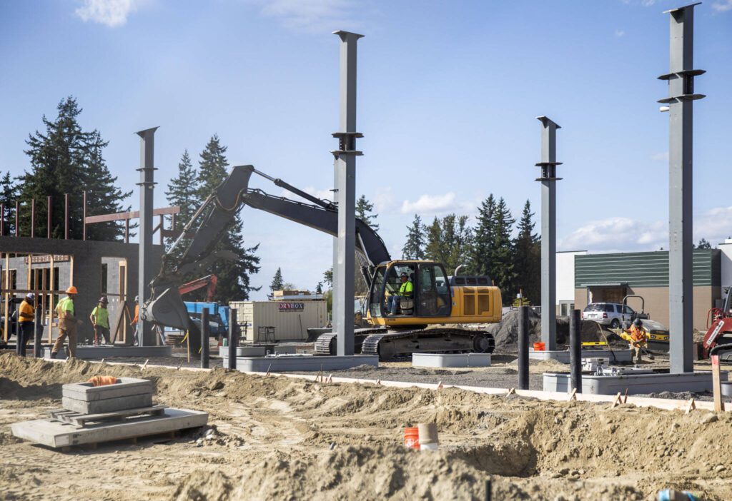 Construction continues on the Soper Hill Center on Tuesday, Sept. 19, 2023 in Marysville, Washington. (Olivia Vanni / The Herald)

