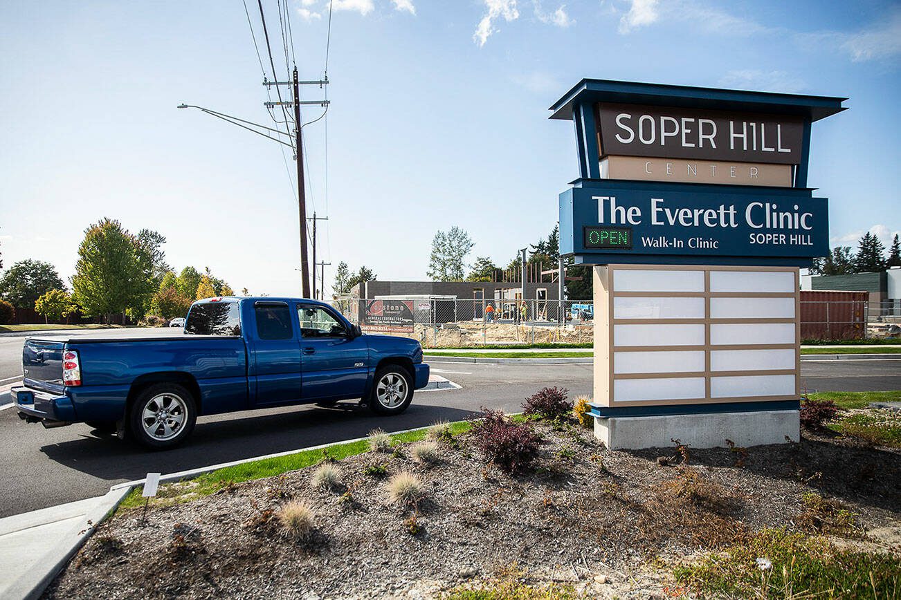 A car drives into the Soper Hill Center past construction on Tuesday, Sept. 19, 2023 in Marysville, Washington. (Olivia Vanni / The Herald)