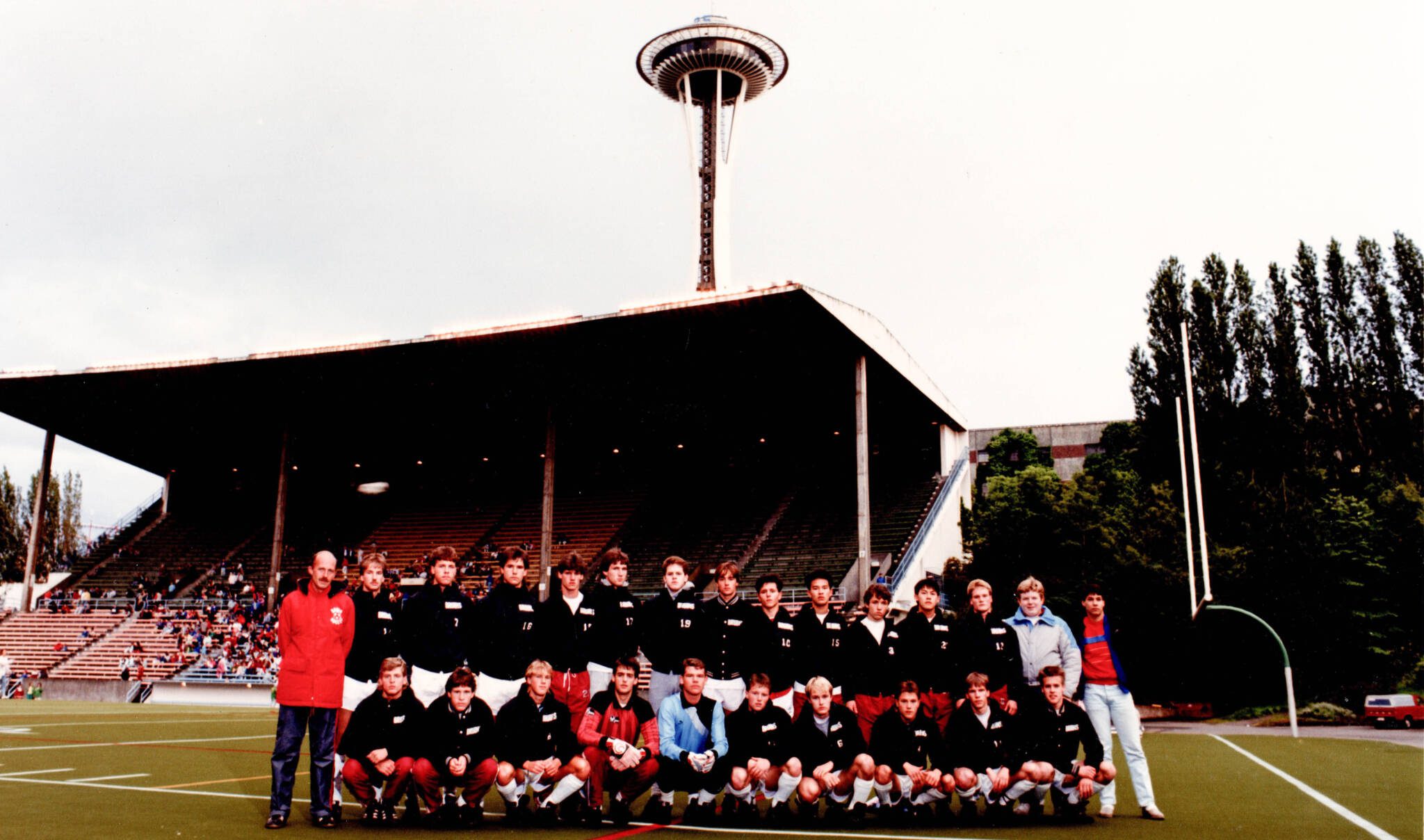 The 1987 Cascade boys soccer team poses for a photo in front of the Space Needle in Seattle. (County Sports Hall of Fame photo)