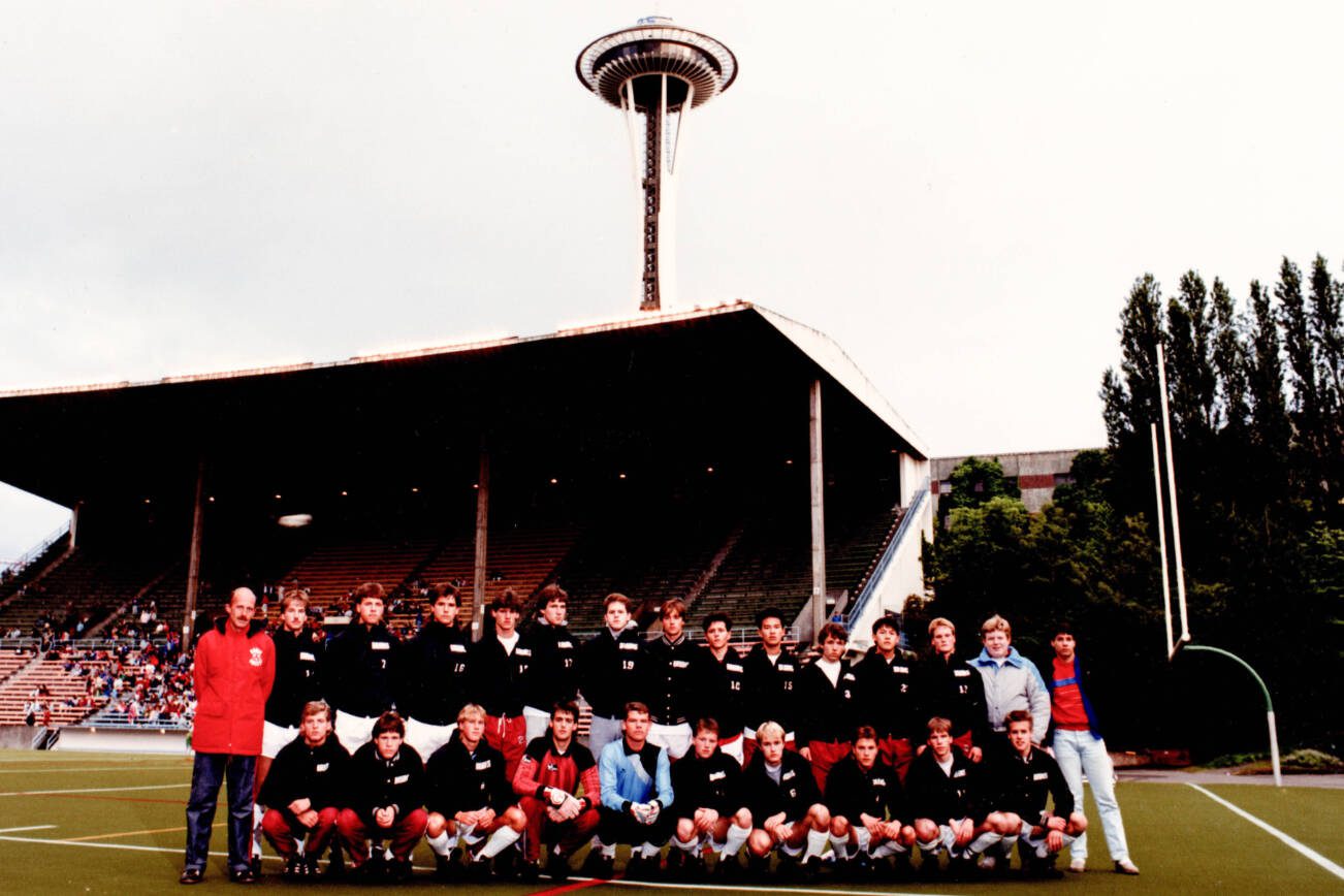 The 1987 Cascade boys soccer team poses for a photo in front of the Space Needle in Seattle. (County Sports Hall of Fame photo)