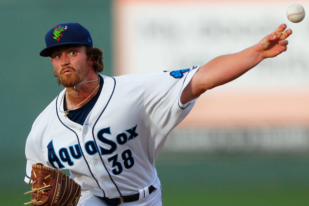 AquaSox pitcher Reid VanScoter delivers a pitch during a game against the Vancouver Canadians on Thursday, June 8, 2023, at Funko Field in Everett, Washington. (Ryan Berry / The Herald)