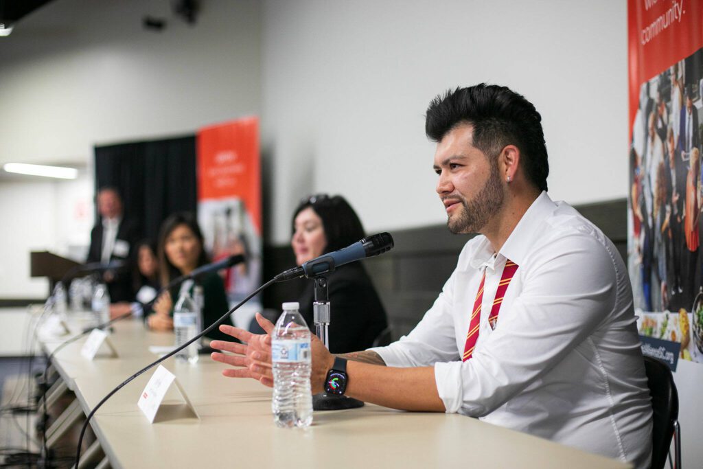 Jose Reyes, Associate Dean of Nursing at Everett Community College, speaks during a Healthcare Summit at the college on Wednesday, Sept. 27, 2023, in Everett, Washington. (Ryan Berry / The Herald)
