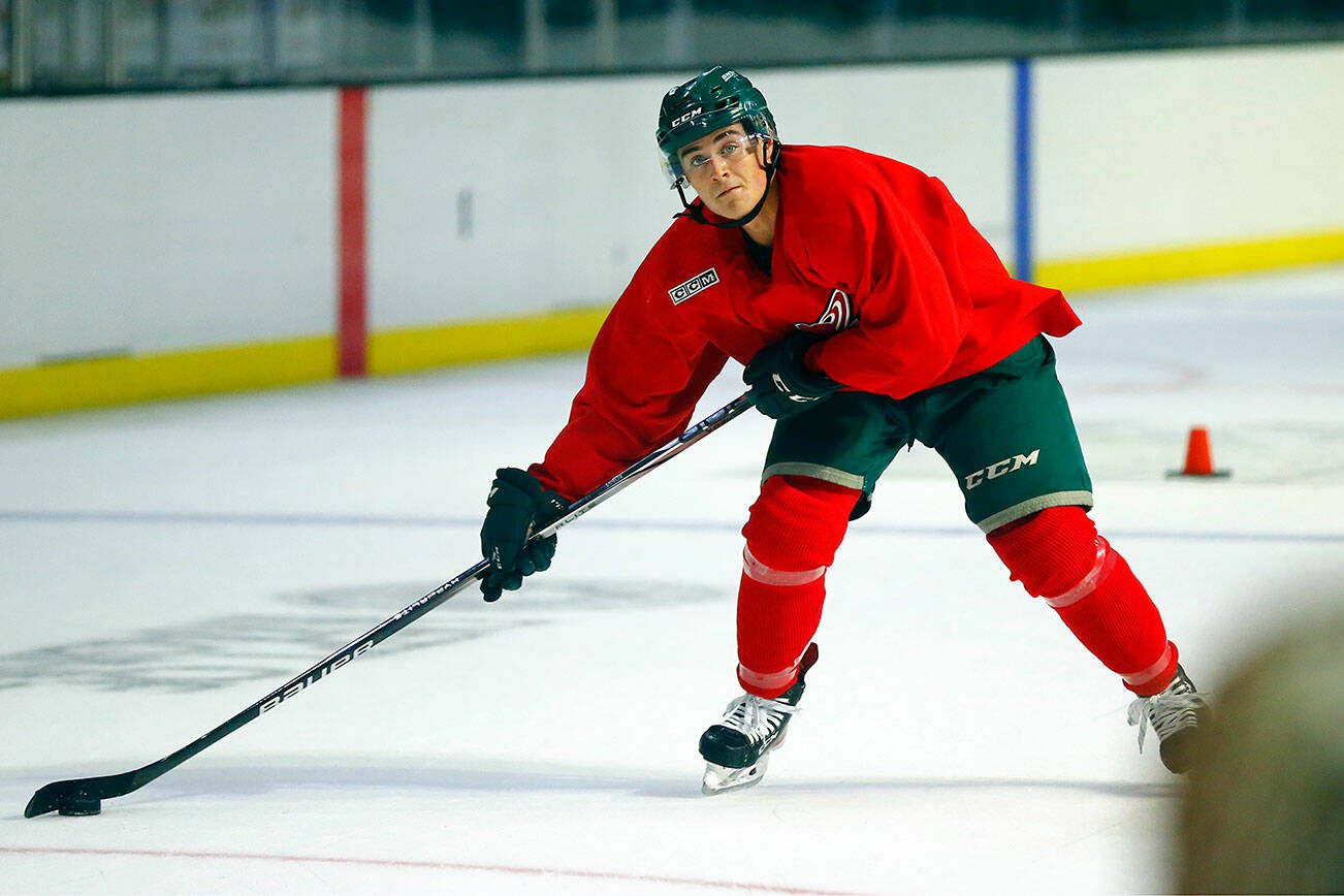 Austin Roest prepares to take a wrist shot during the first day of Silvertips training camp on Thursday, August 31, 2023, at Angel of the Winds Arena in Everett, Washington. (Ryan Berry / The Herald)