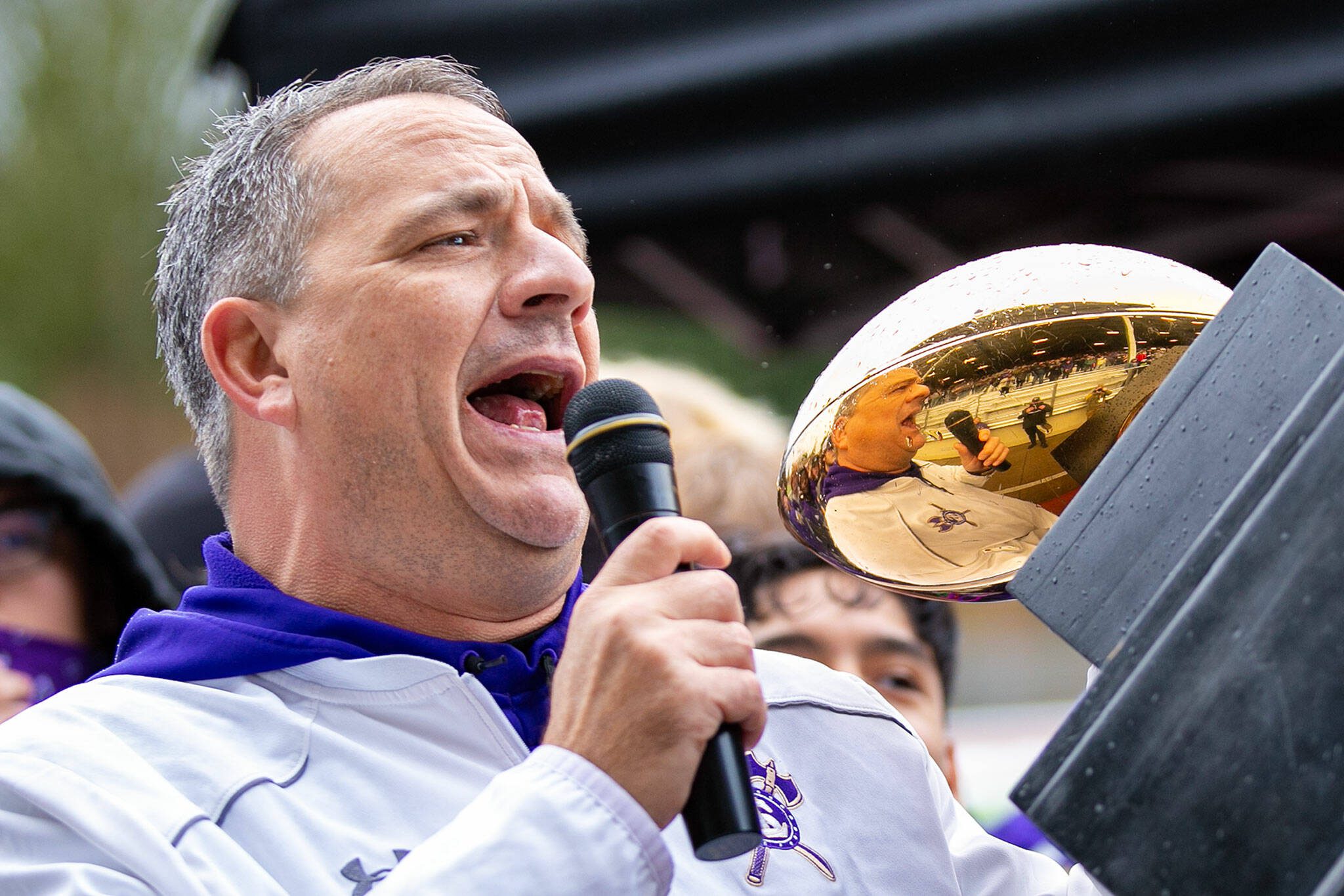 Lake Stevens football coach Tom Tri thanks the crowd during the 4A state championship celebration on Dec. 10, 2022, in Lake Stevens. (Ryan Berry / The Herald)