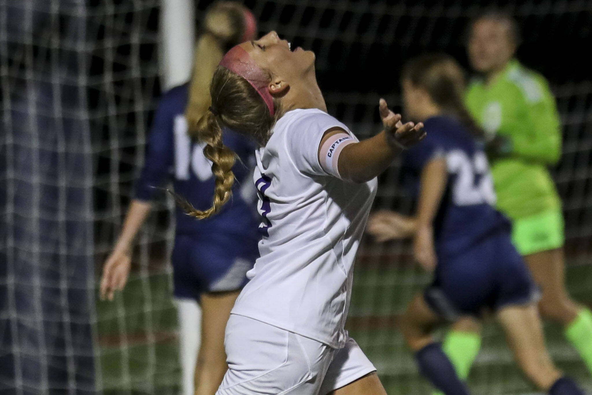 A Lake Stevens player reacts to a goal during a girls soccer game between Glacier Peak and Lake Stevens at Glacier Peak High School in Snohomish, Washington on Thursday, Sept. 21, 2023. Lake Stevens won, 2-1. (Annie Barker / The Herald)