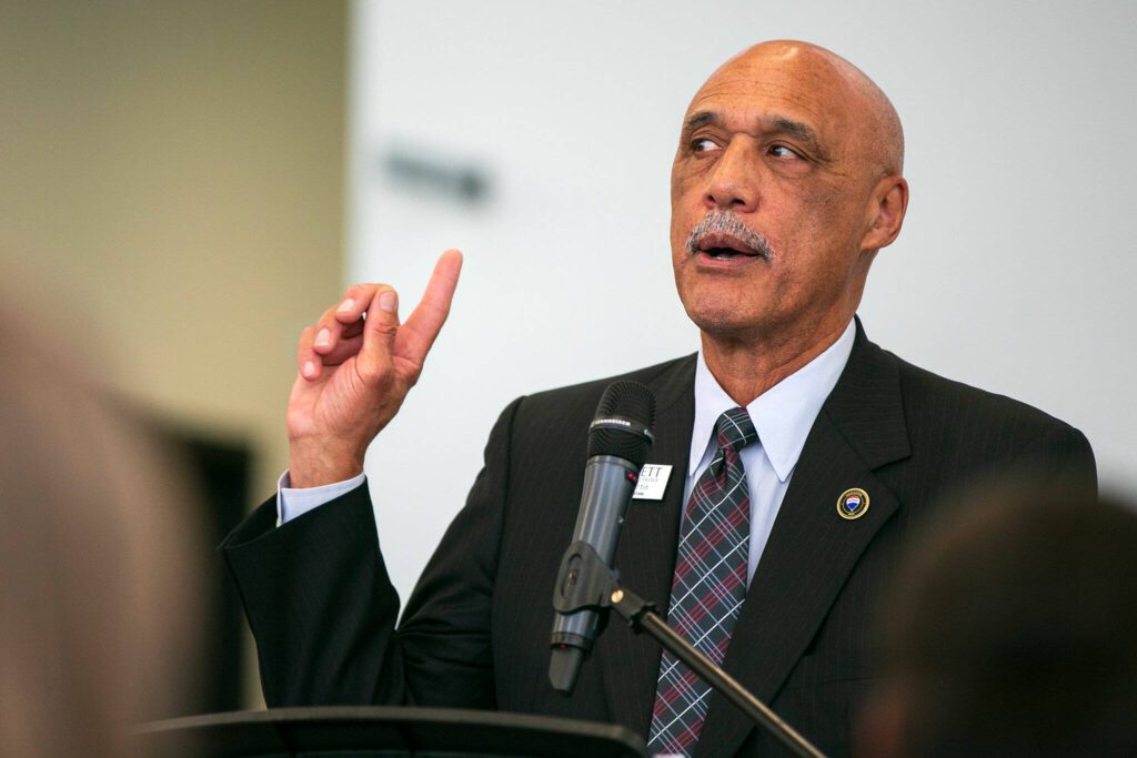 Jerry Martin, Chair of the EvCC Board of trustees, speaks during the ribbon cutting ceremony of the new Cascade Learning Center on Thursday, Sept. 28, 2023, at Everett Community College in Everett, Washington. (Ryan Berry / The Herald)
