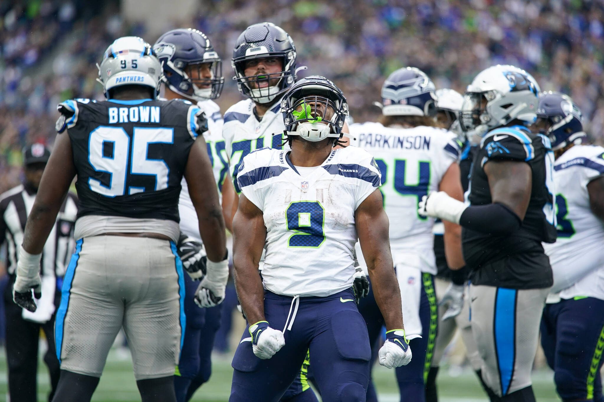 Seattle Seahawks running back Kenneth Walker III celebrates after scoring against the Carolina Panthers during the second half of Sunday’s game in Seattle. (AP Photo/Lindsey Wasson)