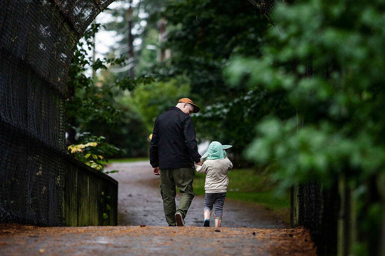 William Gore, left, holds the hand of Skylar, 9, in a Baby Yoda sweatshirt as they go for a walk in the rain at Forest Park on Monday, Sept. 25, 2023 in Everett, Washington. (Olivia Vanni / The Herald)