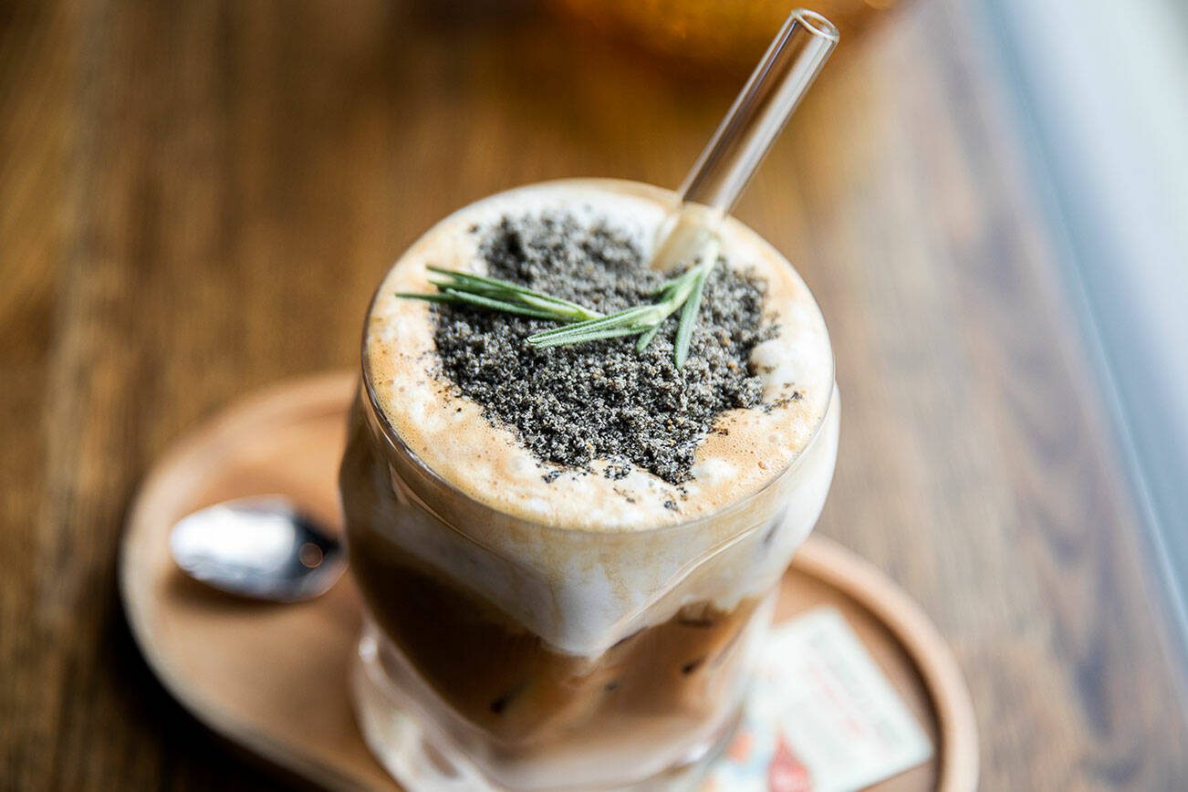 A black sesame einspanner from Our Place Dessert Cafe on Wednesday, Sept. 27, 2023 in Edmonds, Washington. (Olivia Vanni / The Herald)