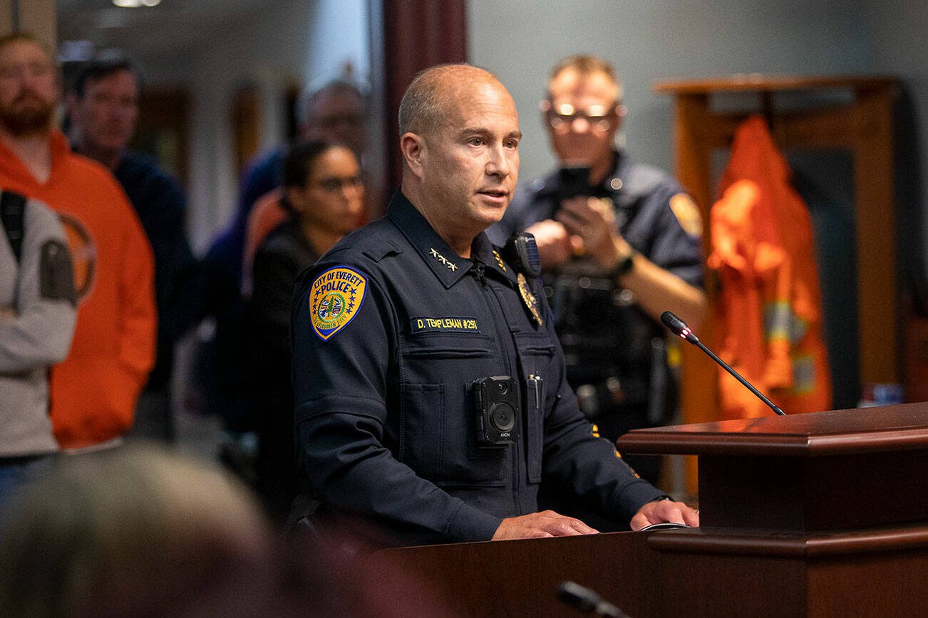Everett Police Chief Dan Templeman announces his retirement after 31 years of service at the Everett City Council meeting on Wednesday, Sept. 27, 2023 in Everett, Washington. (Olivia Vanni / The Herald)