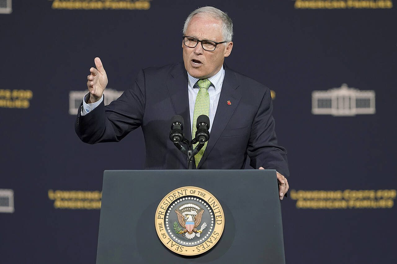 Washington Gov. Jay Inslee speaks Friday, April 22, 2022, at an event with President Joe Biden at Green River College in Auburn, Washington. (AP Photo/Ted S. Warren)