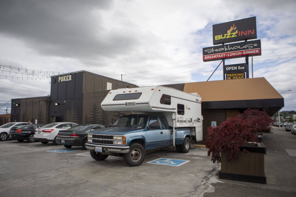 The exterior of a Buzz Inn restaurant in Everett, Washington on Monday, July 24, 2023. (Annie Barker / The Herald) 
