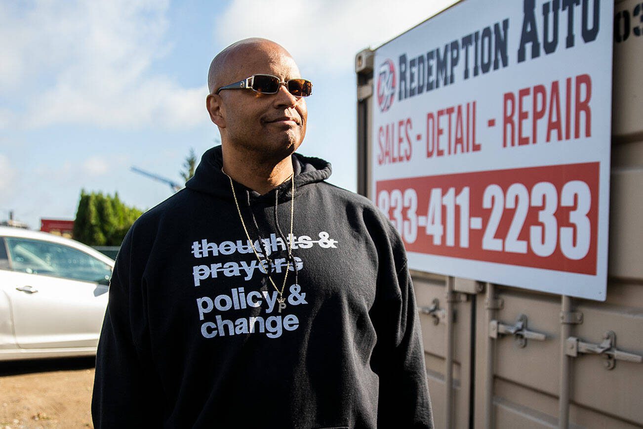 Percy Levy, who served 17 years for drug-related crimes, outside his new business Redemption Auto along Highway 99 on Thursday, Sept. 21, 2023 in Everett, Washington. (Olivia Vanni / The Herald)