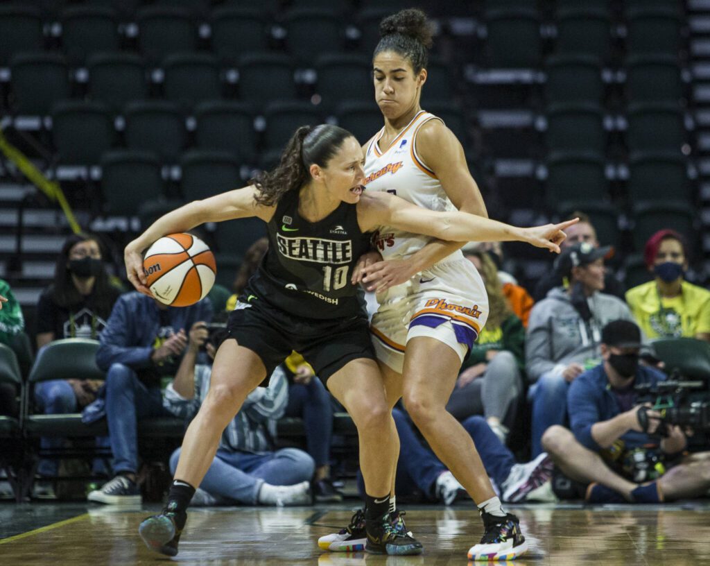 Seattle Storm’s Sue Bird yells out a play during the second round single elimination playoff game against Phoenix Mercury at Angel of the Winds Arena on Sunday, Sept. 26, 2021 in Everett, Washington. (Olivia Vanni / The Herald)
