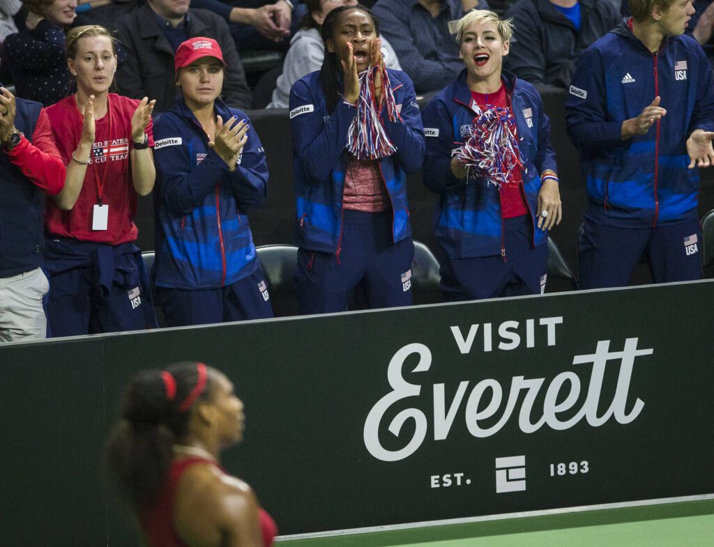 Team USA, including current 2023 Women’s US Open champion Coco Gauff, cheers on Serena Williams from their seats during the Fed Cup at Angel of the Winds Arena on Friday, Feb. 7, 2020 in Everett, Washington. (Olivia Vanni / The Herald)
