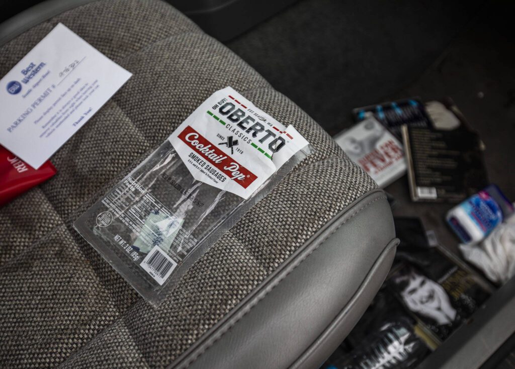 The car thief left an empty package of Oberto pepperoni in Barb Denton’s 1991 Jeep Laredo, and didn’t take her CDs or any of her belongings. (Olivia Vanni / The Herald)
