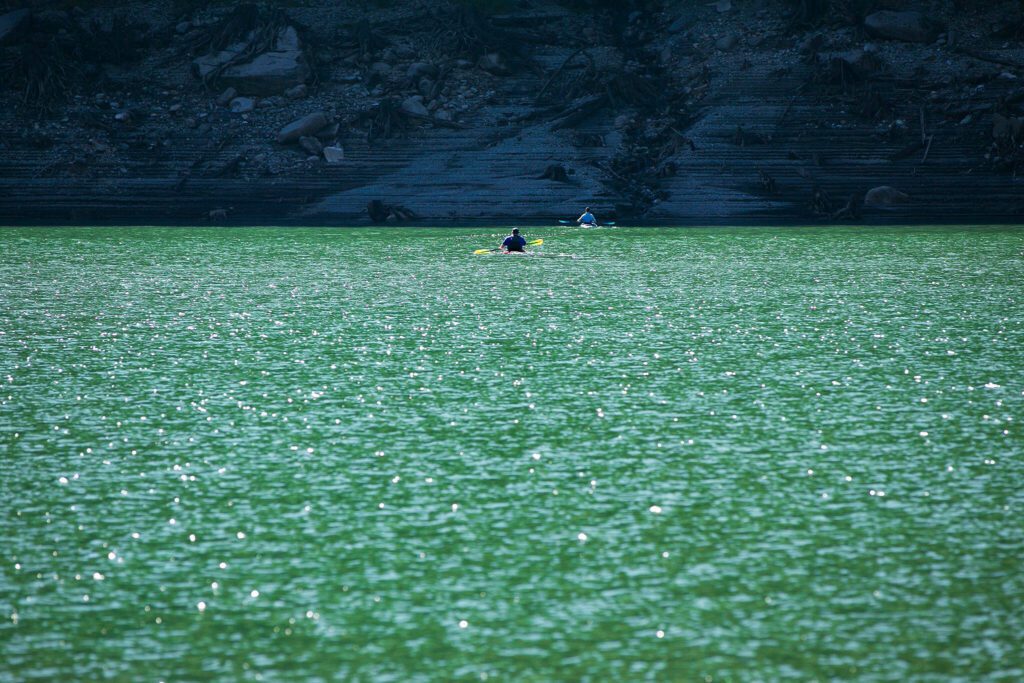 Two kayakers head out onto Spada Lake on Sunday, Oct. 1, 2023, near Sultan, Washington. (Ryan Berry / The Herald)
