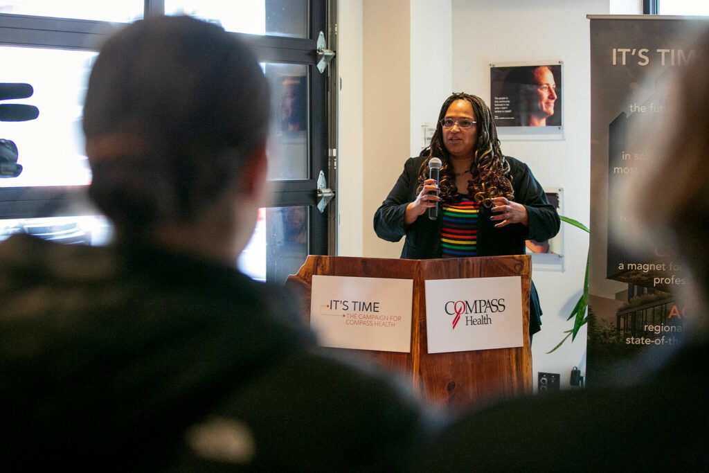 Representative Brandy Donaghy speaks during a groundbreaking ceremony for phase two of Compass Health’s Broadway Campus Redevelopment project Thursday, Oct. 12, 2023, in Everett, Washington. (Ryan Berry / The Herald)
