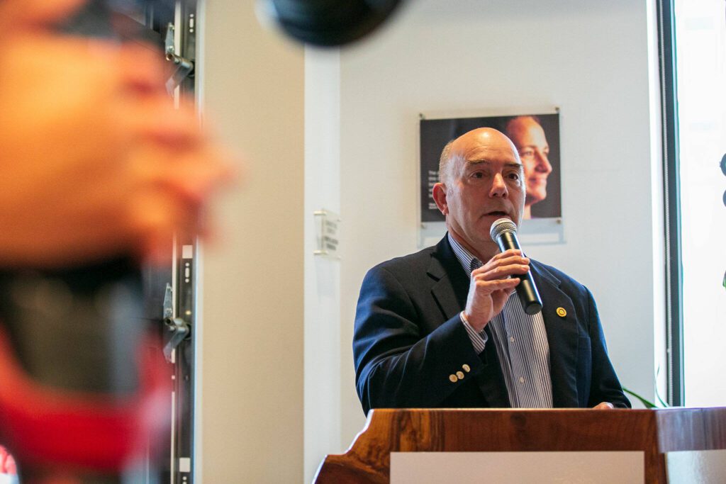 Senator Keith Wagoner briefly speaks during a groundbreaking ceremony for phase two of Compass Health’s Broadway Campus Redevelopment project Thursday, Oct. 12, 2023, in Everett, Washington. (Ryan Berry / The Herald)
