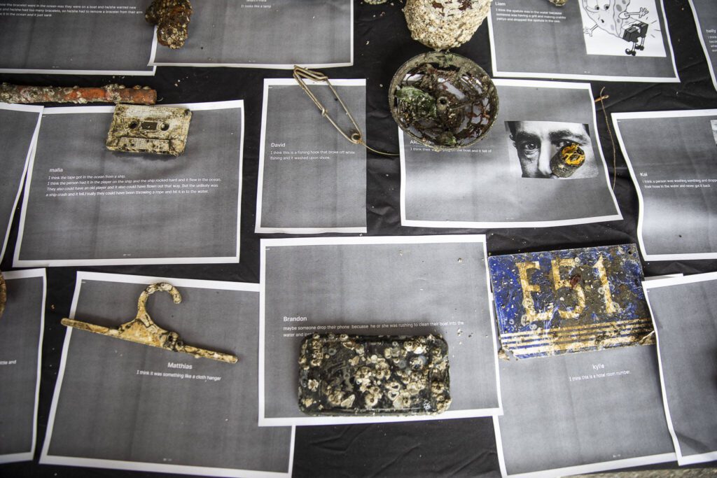 Different items that were found by Hazelwood Elementary fourth and fifth graders during a marine cleanup at the Port of Edmonds. (Olivia Vanni / The Herald)
