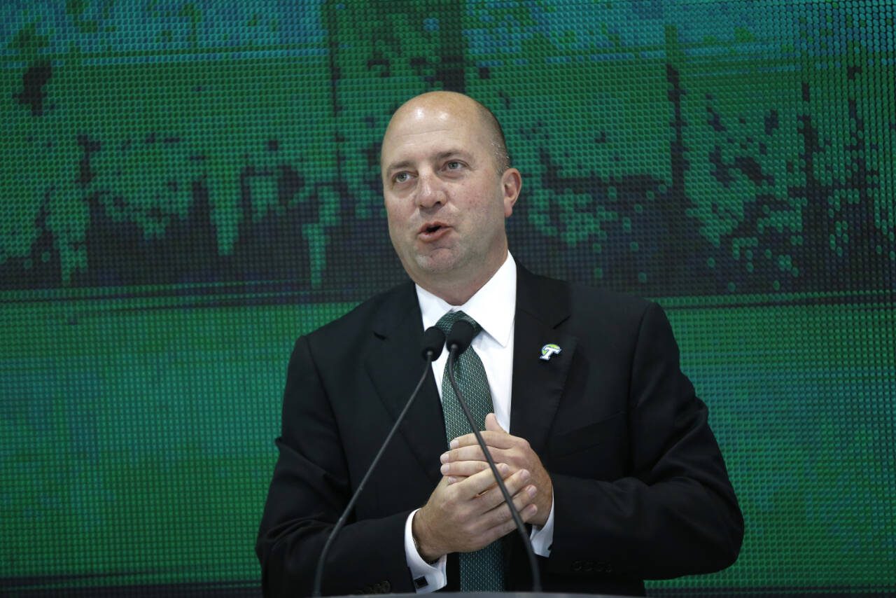 In this March 29, 2016, file photo, Tulane athletic director Troy Dannen speaks during a news conference in New Orleans. Dannen has been hired as athletic director at Washington. (AP Photo/Gerald Herbert, File)