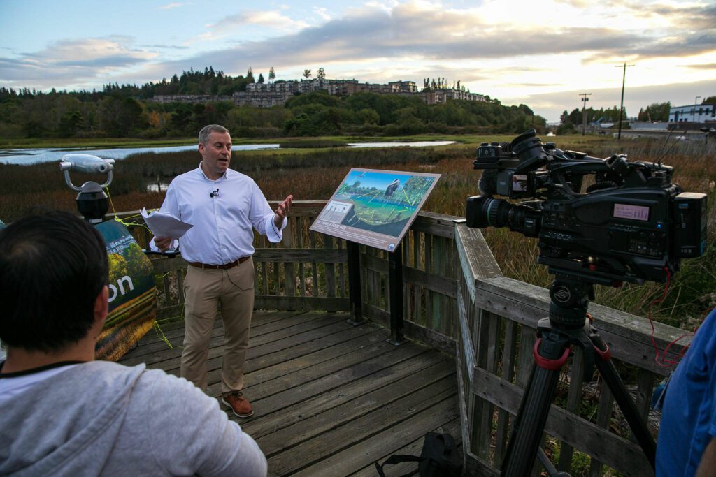 Edmonds Mayor Mike Nelson gives a brief press conference at the Edmonds Marsh on Tuesday, Sept. 19, 2023, in Edmonds, Washington. (Ryan Berry / The Herald)
