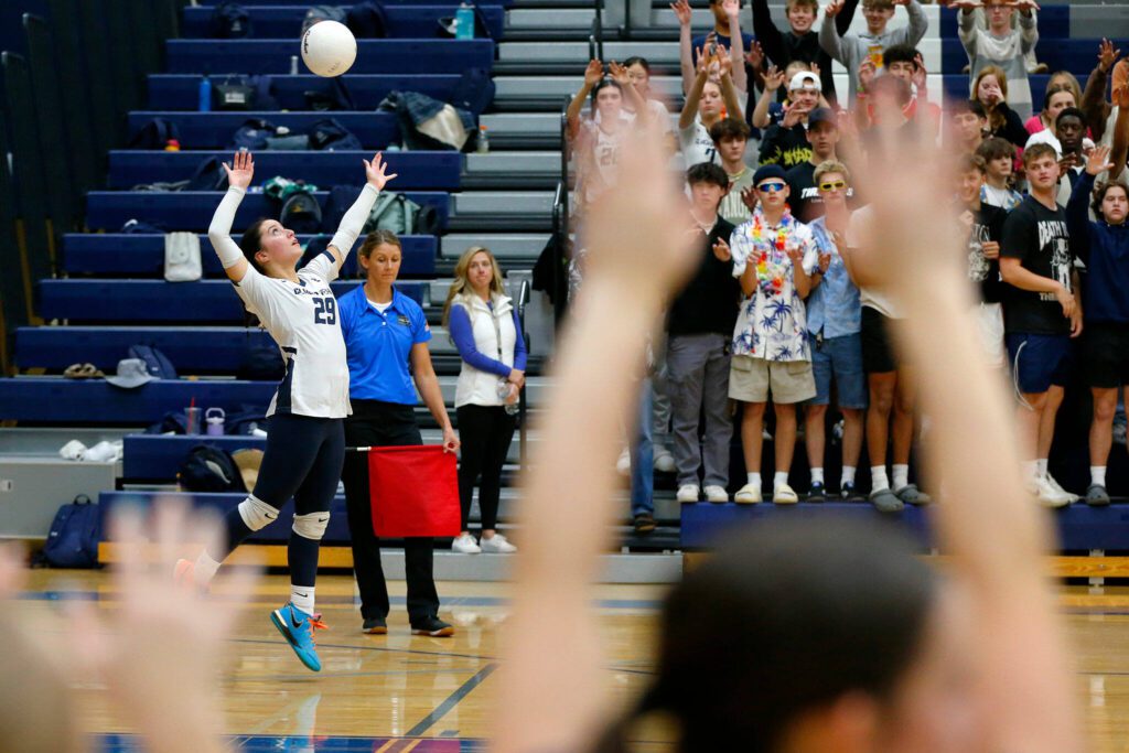 Glacier Peak’s Estefania Guerrero serves against Lake Stevens on Tuesday, Oct. 10, 2023, at Glacier Peak High School in Snohomish, Washington. (Ryan Berry / The Herald)
