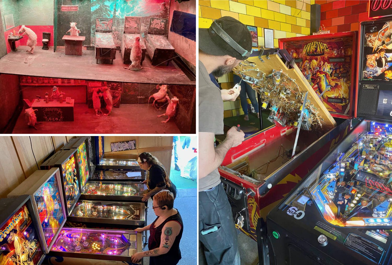 Pinball art at Add-A-Ball Amusements, competitors in the Classics tournament at the Ice Box Arcade, and a pinball tech bringing a game back to life. Amy Attas/West Coast Traveller photo.