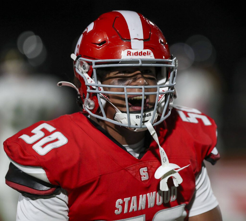 Stanwood’s Trysten Mangold (50) reacts during a game between Marysville-Getchell and Stanwood at Stanwood High School in Stanwood, Washington on Friday, Oct. 13, 2023. Marysville-Getchell won, 21-20. (Annie Barker / The Herald)
