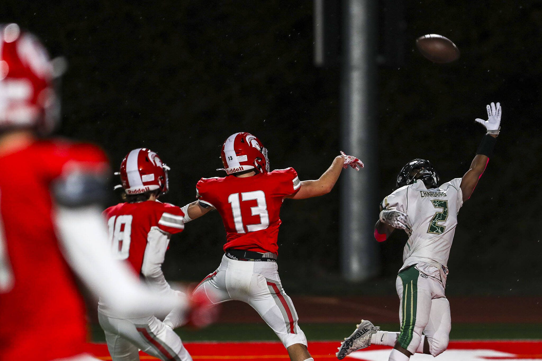 Marysville-Getchell’s Shawn Etheridge (2) runs to catch the ball during a game between Marysville-Getchell and Stanwood at Stanwood High School in Stanwood, Washington on Friday, Oct. 13, 2023. Marysville-Getchell won, 21-20. (Annie Barker / The Herald)