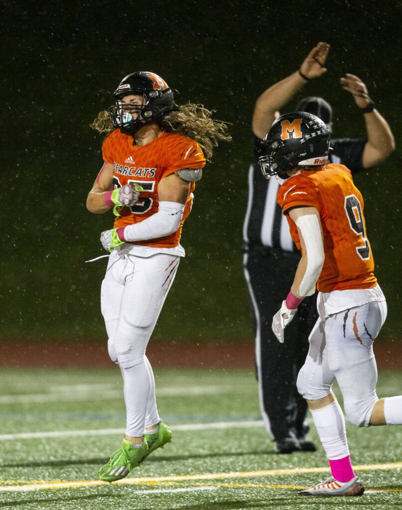 Monroe’s Jacob Reeves celebrates during the game against Edmonds-Woodway on Friday, Oct. 13, 2023 in Monroe, Washington. (Olivia Vanni / The Herald)
